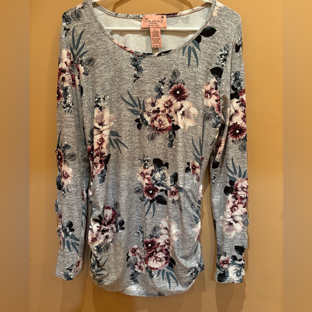 EMMA'S EXPRESSIONS Floral Long Cutout Sleeve ruched sides Maternity Top Size XL - Picture 3 of 7